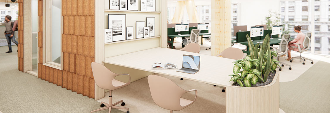 A well-organized office with a desk, comfortable chairs, and vibrant plants, enhancing the workspace's aesthetic appeal.