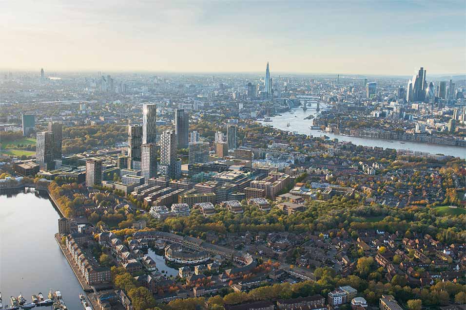 Aerial view of Rotherhithe, Greenland Dock, Associated Newspapers printing works, Canada Water, Southwark Park, London.