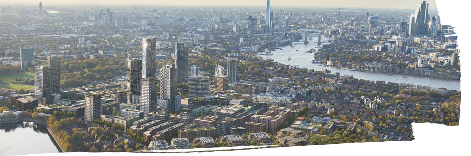 Aerial view of Rotherhithe, Greenland Dock, Associated Newspapers printing works, Canada Water, Southwark Park, London.