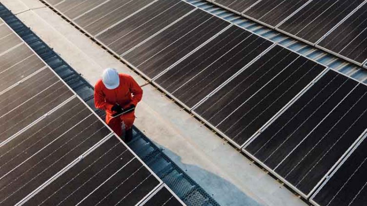 Technician checking the solar panels