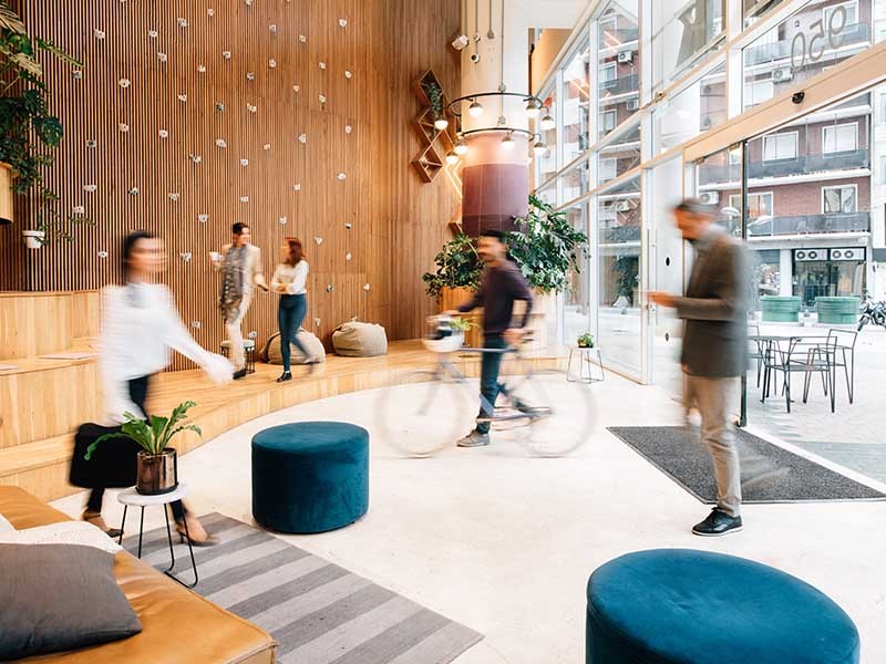 Commuters arriving to office lobby